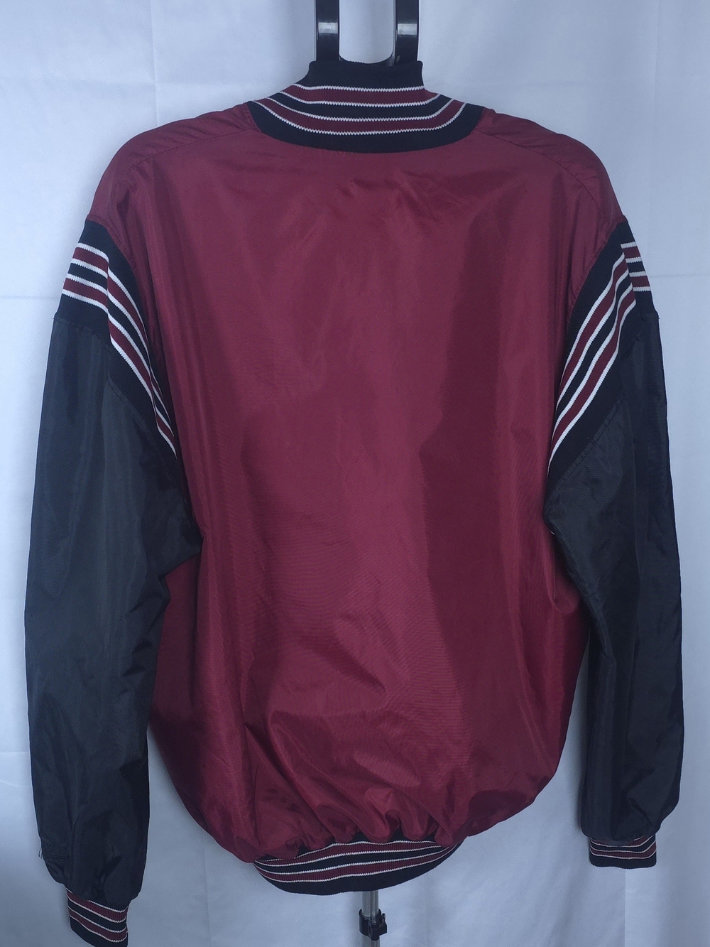 VTG DeLONG Varsity Windbreaker Jacket Mens XL Maroon Black V-Neck Baseball 90s - Picture 2 of 12